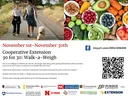 Couple walking dog, produce collage, text "30 for 30: Walk-a-Weigh, November 1st–30th"