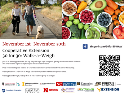 Couple walking dog, produce collage, text "30 for 30: Walk-a-Weigh, November 1st–30th"