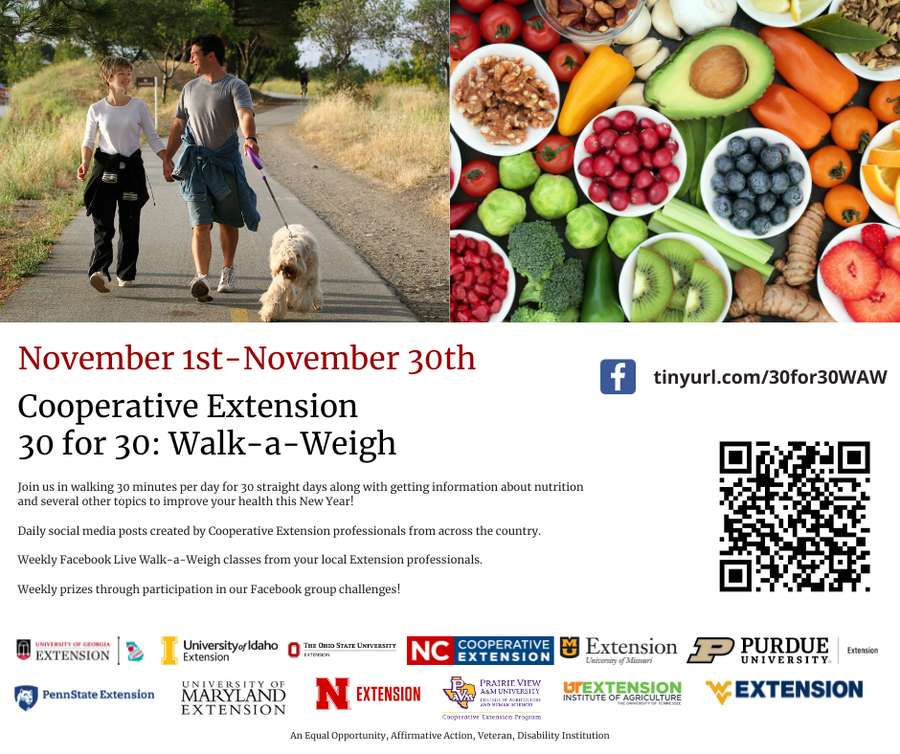 Couple walking dog, produce collage, text "30 for 30: Walk-a-Weigh, November 1st–30th"