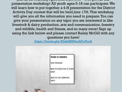 Join us on Thursday April 28th from 6:00—7:30 pm for our presentation workshop! We will learn how to put together a 4-H presentation giving you all the information you need to prepare. Presentations are a great way to practice public speaking and you can 