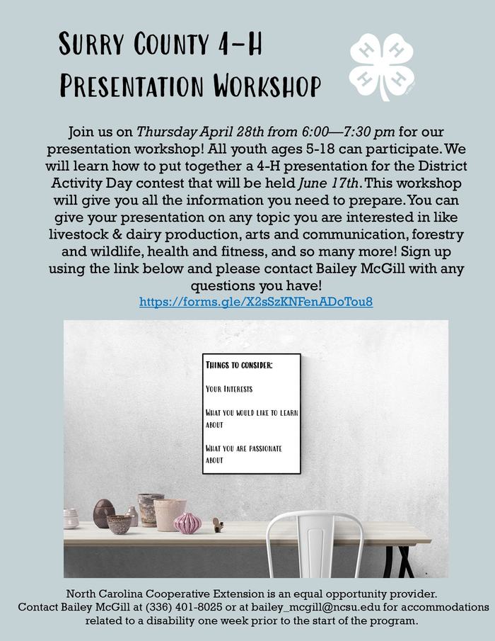 Join us on Thursday April 28th from 6:00—7:30 pm for our presentation workshop! We will learn how to put together a 4-H presentation giving you all the information you need to prepare. Presentations are a great way to practice public speaking and you can choose the topic! This can include things like livestock & dairy production, arts and communication, forestry and wildlife, health and fitness, and so many more! Register using the link below and if you have any questions, please contact Bailey McGill. 