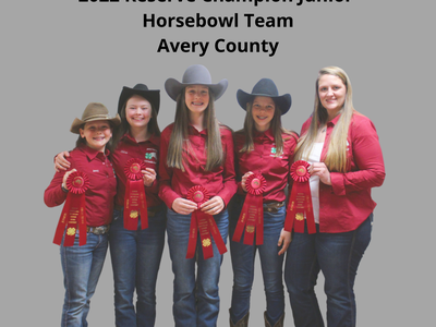 2022 Reserve Champion Junior Horsebowl Team Avery County; five people holding red ribbons.