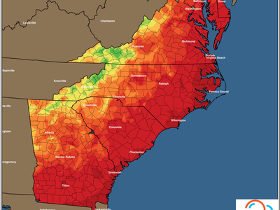 Map showing East Coast minimum temperature forecast, Saturday 04/09/2022, color legend in deg F