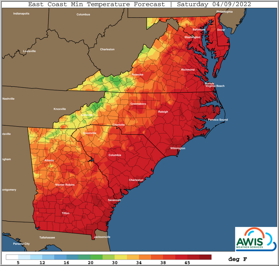 Map showing East Coast minimum temperature forecast, Saturday 04/09/2022, color legend in deg F