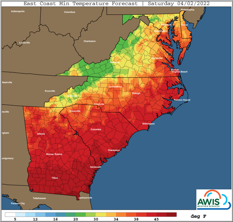 East Coast min temperature forecast map — Saturday 04/02/2022, color scale in deg F