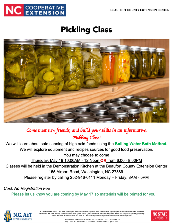 Jars of pickled vegetables on a shelf; flyer titled "Pickling Class" with NC Cooperative Extension logo