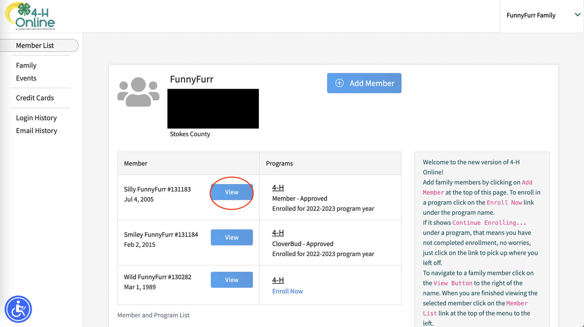 4-H Online Member List, with the view member highlighted