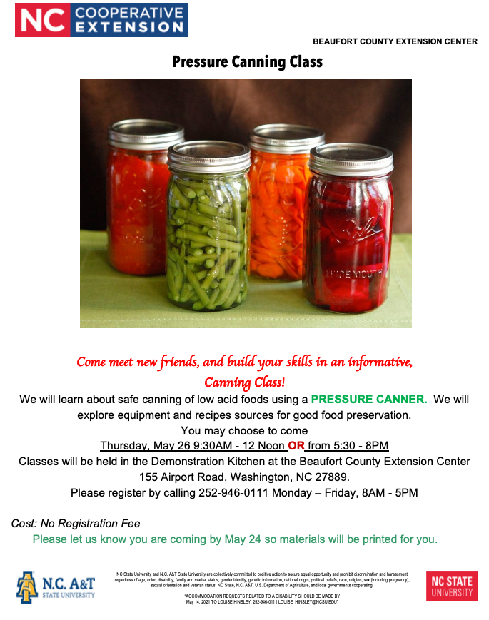 Pressure Canning Class flyer showing four jars of canned vegetables and event details