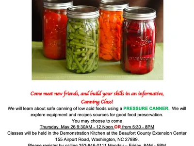 Pressure Canning Class flyer showing four jars of canned vegetables and event details