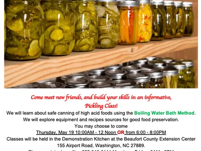 Jars of pickled vegetables on a shelf; flyer titled "Pickling Class" with NC Cooperative Extension logo