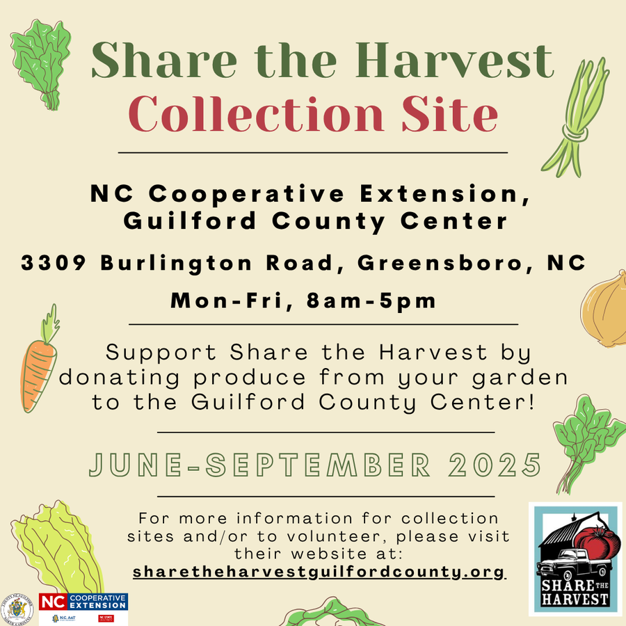 Share the Harvest Collection Donate produce from your garden to Share The Harvest, an organization made of volunteers to serve community needs. Share the Harvest collects fresh produce from local farmers and gardens and distributes the produce to community agencies. Support Share the Harvest by donating produce to the Guilford County Center!N.C. Cooperative Extension, Guilford County Center 3309 Burlington Road, Greensboro, NC Mon -Fri, ​8am-5pm