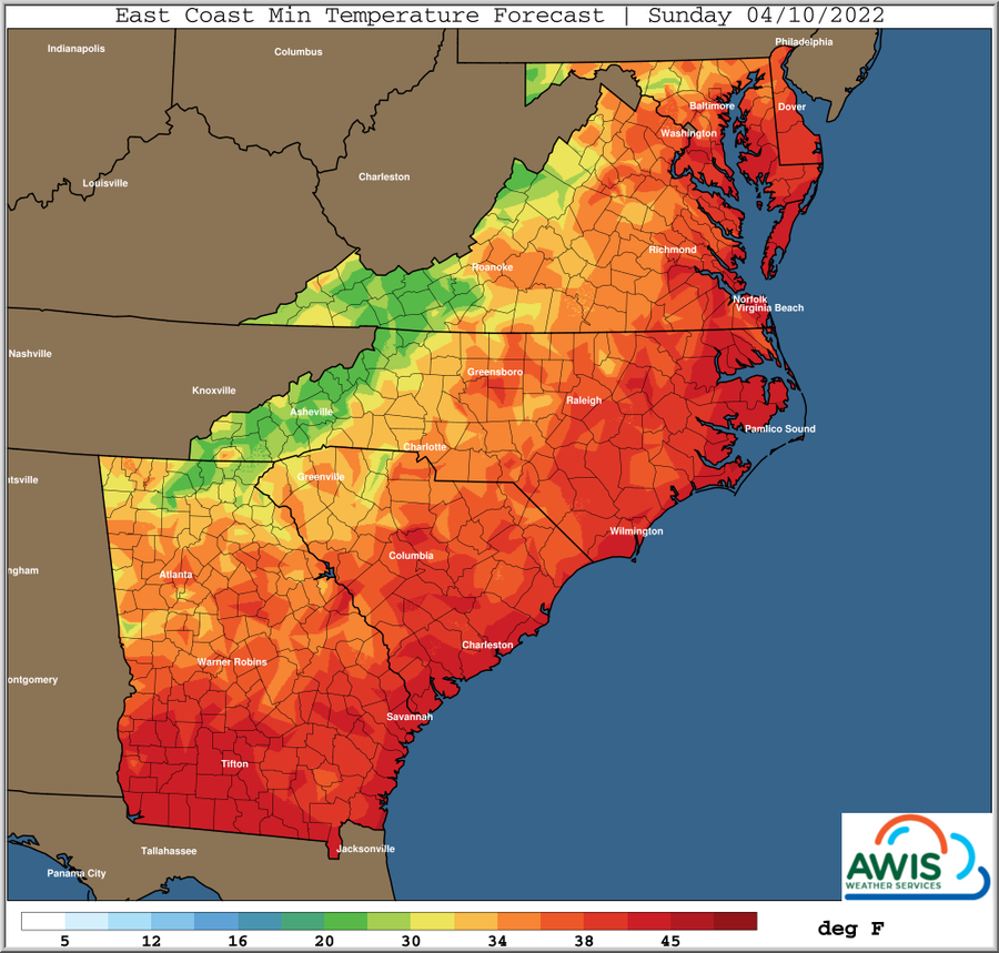 Map: East Coast minimum temperature forecast Sunday 04/10/2022 with color scale in deg F