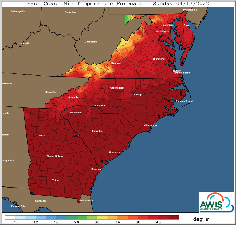East Coast minimum temperature forecast map, Sunday 04/17/2022, temperatures in °F