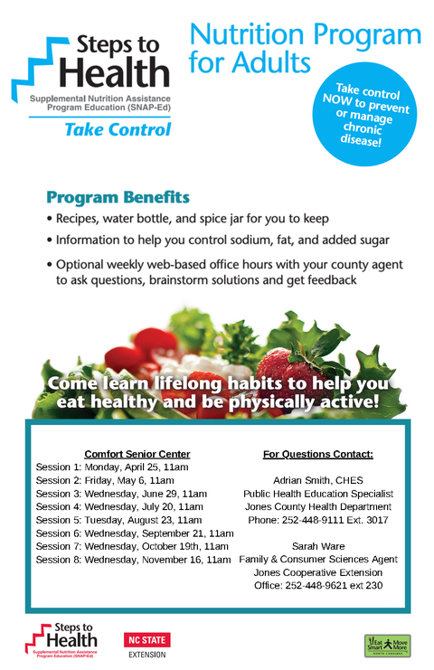 Nutrition Program for Adults flyer with Program Benefits and session dates at Comfort Senior Center.
