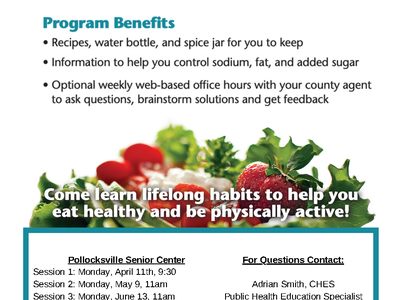 Flyer titled "Nutrition Program for Adults" with "Take Control", program benefits, dates, contacts