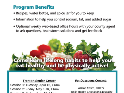 Nutrition Program for Adults flyer: Steps to Health SNAP-Ed — sessions at Trenton Senior Center