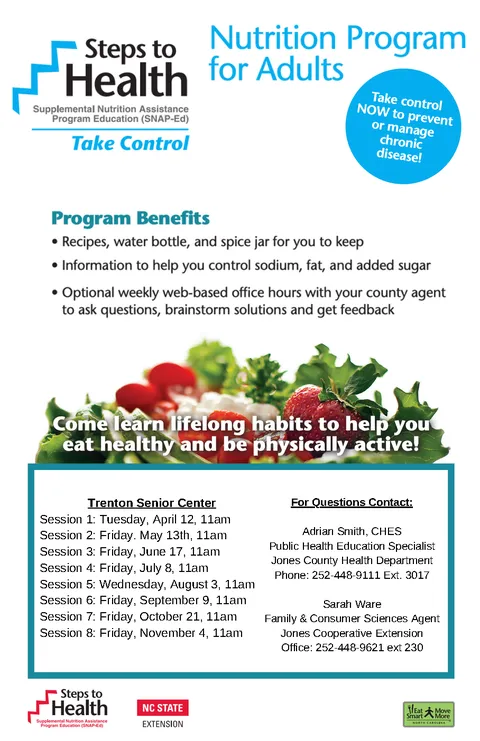 Nutrition Program for Adults flyer: Steps to Health SNAP-Ed — sessions at Trenton Senior Center