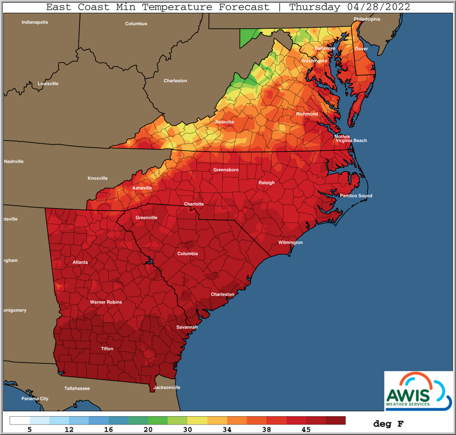 East Coast minimum temperature forecast map, Thursday 04/28/2022, colored scale in deg F