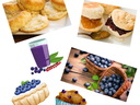 Assortment: scones and jammed biscuits, blueberry smoothie, baskets of blueberries, tart and muffin