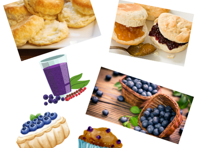 Assortment: scones and jammed biscuits, blueberry smoothie, baskets of blueberries, tart and muffin