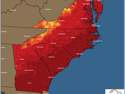 East Coast minimum temperature forecast, Wednesday 04/27/2022, color scale in deg F