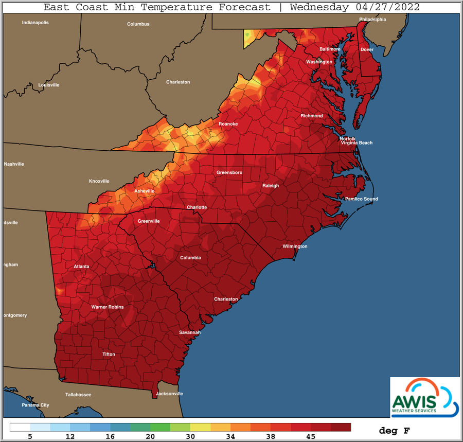 East Coast minimum temperature forecast, Wednesday 04/27/2022, color scale in deg F