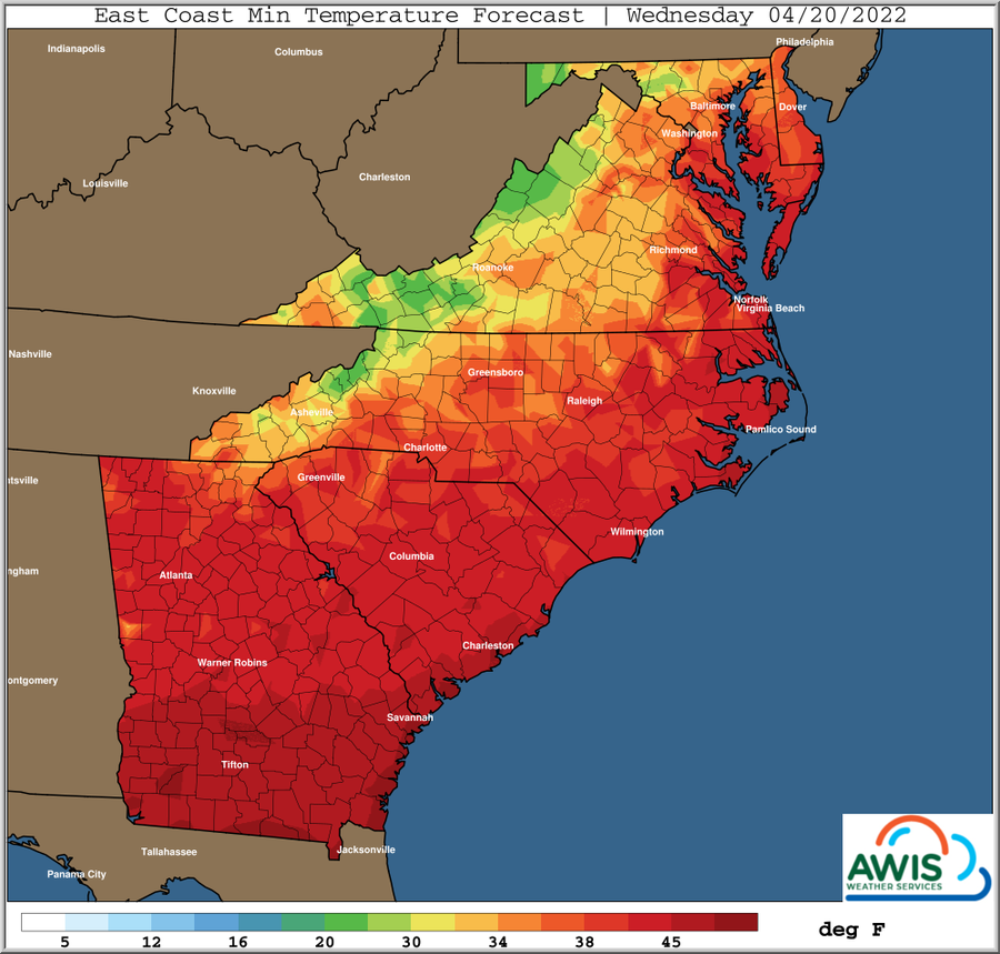 East Coast minimum temperature forecast map, Wednesday 04/20/2022, color scale in deg F