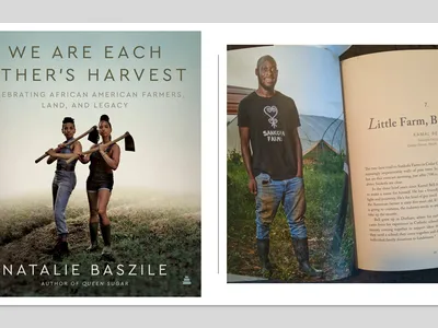 side by side photo of cover of We Are Each Other's Harvest Book and photo of Kamal Bell's insert