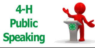 4-H Public Speaking text with red figure at podium showing 4-H clover
