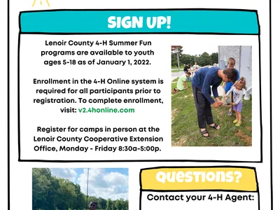 Lenoir County 4‑H Summer Fun 2022 flyer: sign up info and contact Abby Barber abbarbe2@ncsu.edu