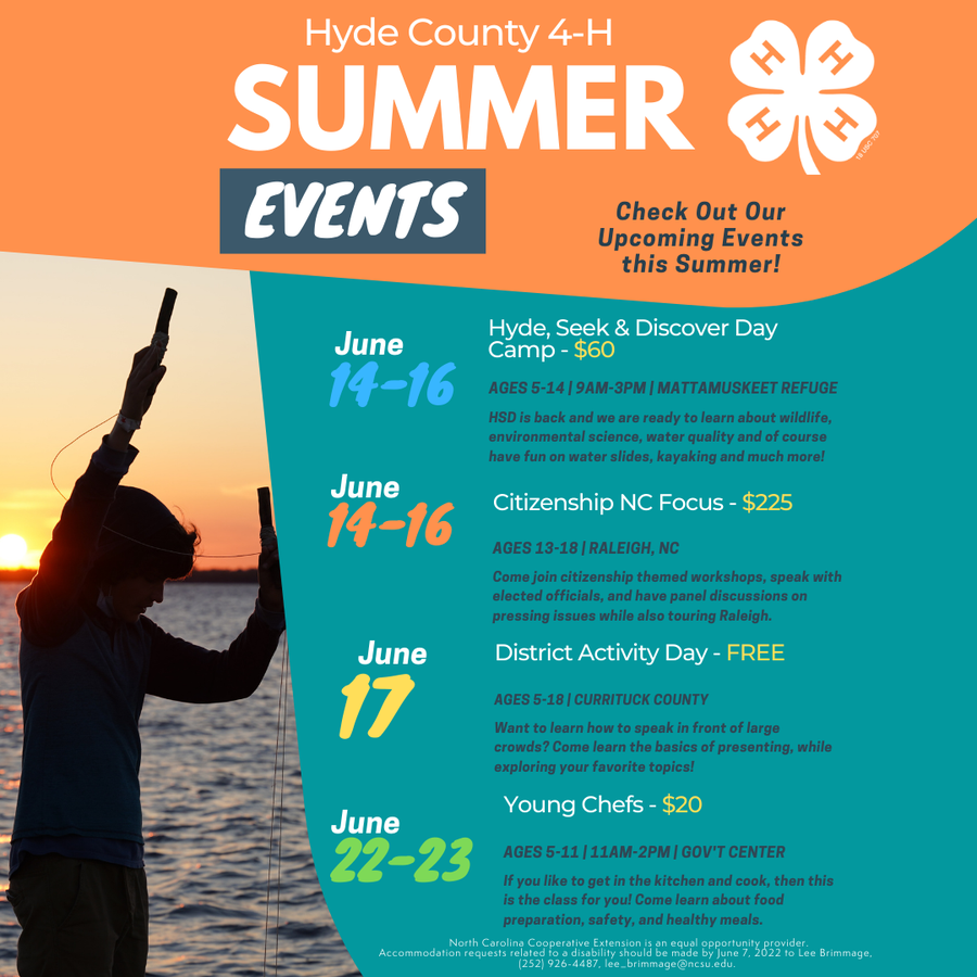 A flyer for the Hyde County 4-H Summer Events.