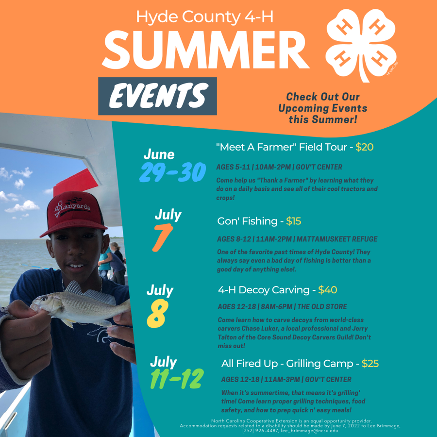 A flyer for the Hyde County 4-H Summer Events.
