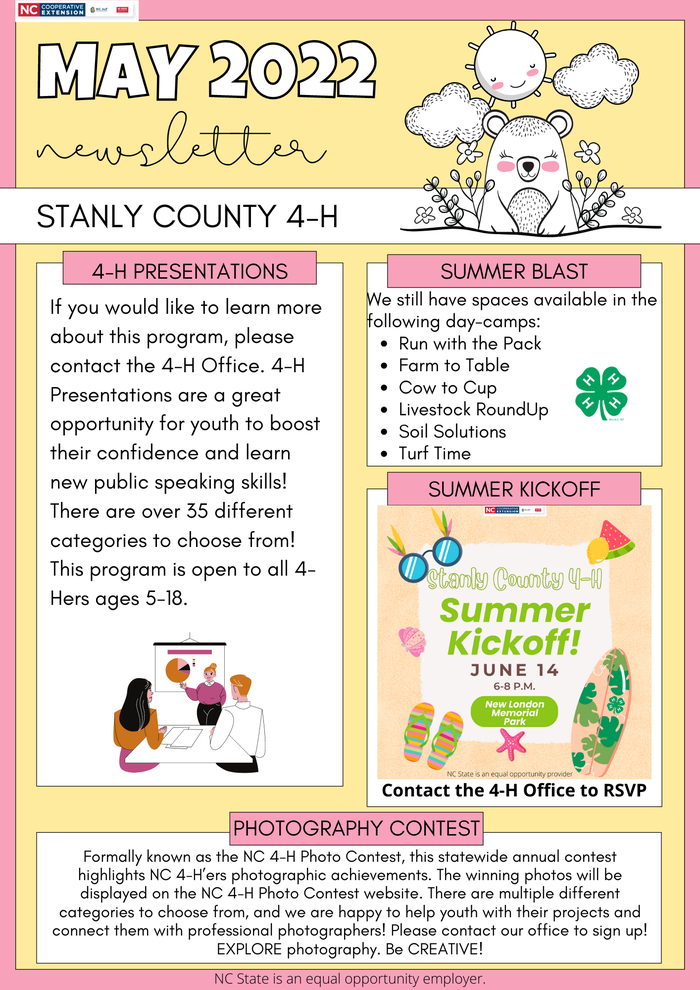 yellow/pink newsletter with 4 text boxes