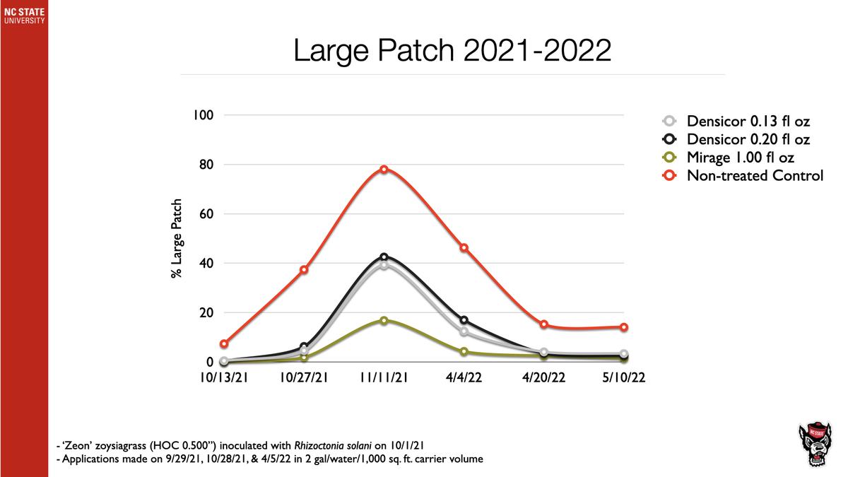 Line graph "Large Patch 2021-2022" showing percent large patch over dates for four treatments