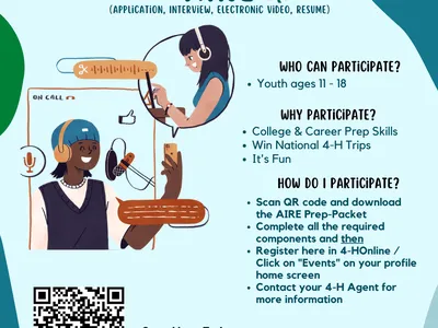 AIRE 4-H flyer: teens recording video interview; youth ages 11–18; QR code.