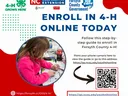 Three logos are across the top, the 4-H logo, NC Cooperative Extension logo, and Forsyth County Government logo. Text reads, "Enroll in 4-H Online Today, Follow this step-by-step guide to enroll in Forsyth County 4-H! Point your phone camera here to view 