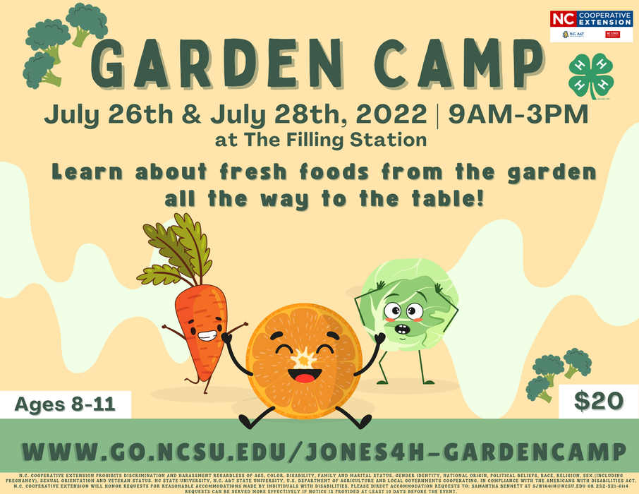 Garden Camp - July 26th & July 28th, 2022 at 9AM-3PM at the filling station. Learn about fresh foods from the garden all the way to the table! Ages 8-11. Cost is $20