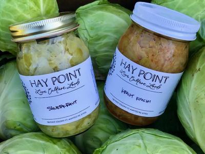 Two jars labeled "HAY POINT Live Culture Foods" (Sauerkraut, Kraut Kimchi) among cabbages