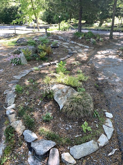 A stone garden feature with small plants.