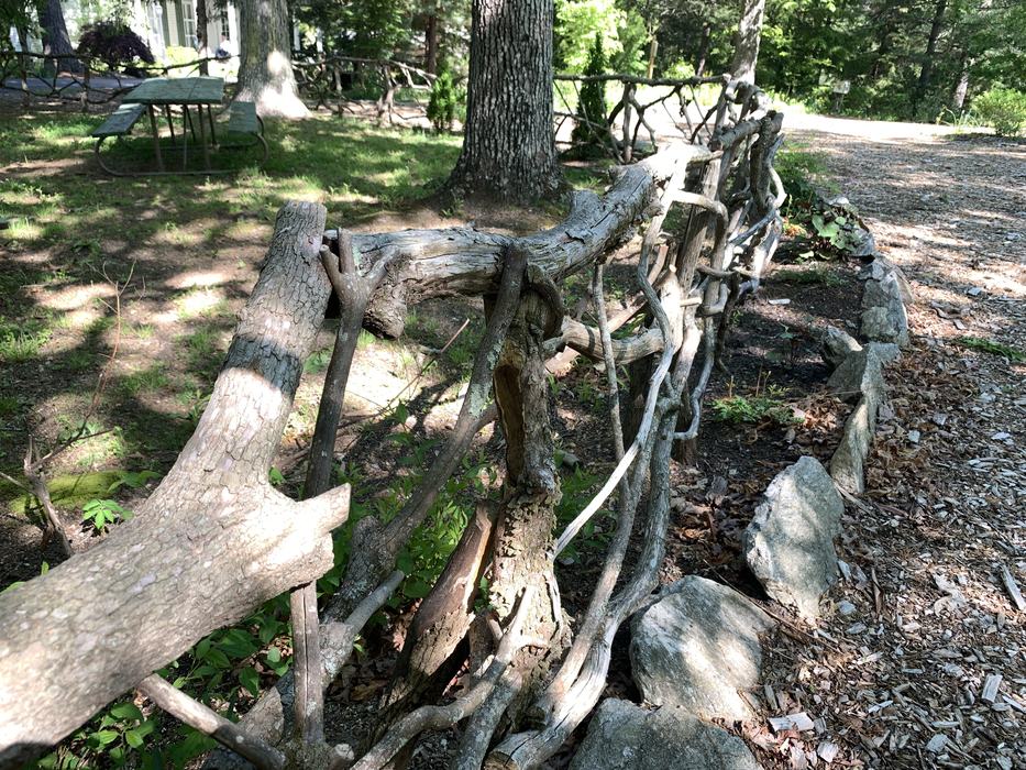 A wooden fence lines a path.