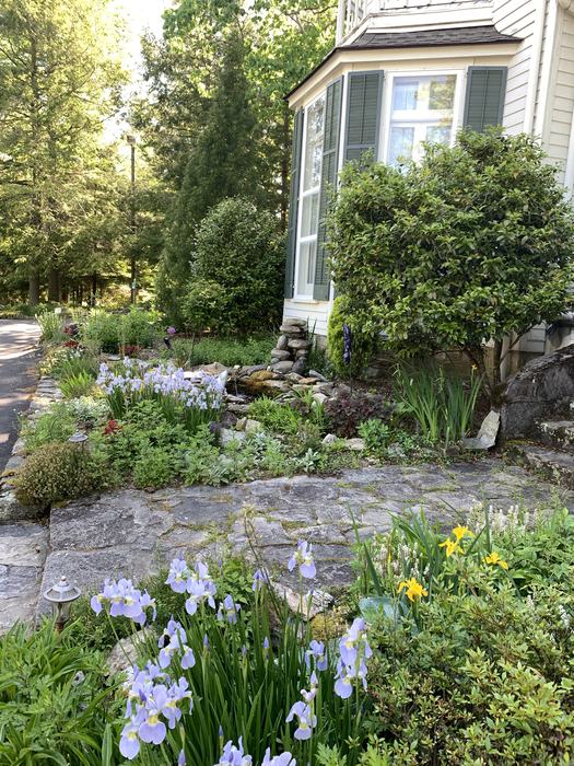 A stone path and a garden with white and yellow plants lead up to a home.