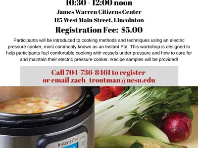 Participants will be introduced to cooking methods and techniques using an electric pressure cooker. Learn how to care for and maintain the electric pressure cooker.