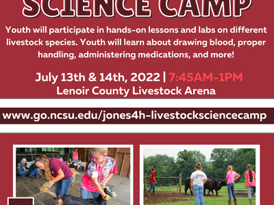 Youth will participate in hands-on lessons and labs on different livestock species. Youth will learn about drawing blood, proper handling, administering medications, and more on July 13th and 14th, 2022 at 745am to 1pm at the Lenoir County Livestock Arena