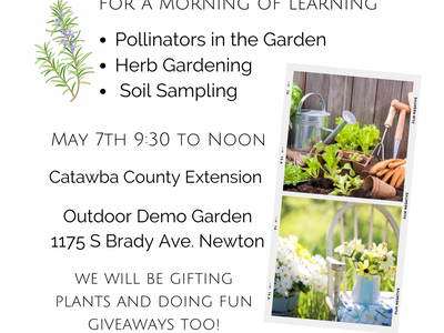 Join the Master Gardener℠ volunteers for a morning of learning. Topics will include pollinators in the garden, herb gardening, soil sampling. May 7th 9:30 AM till noon. 