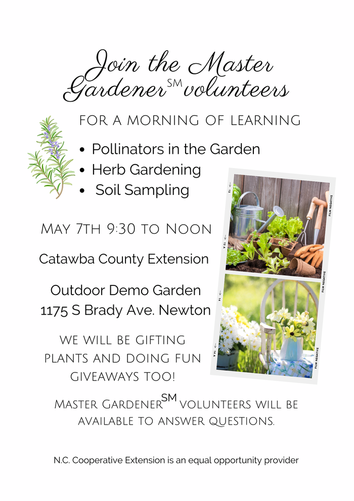Join the Master Gardener℠ volunteers for a morning of learning. Topics will include pollinators in the garden, herb gardening, soil sampling. May 7th 9:30 AM till noon. 