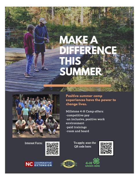 Two people fishing on a dock; large text: MAKE A DIFFERENCE THIS SUMMER; Millstone 4‑H Camp