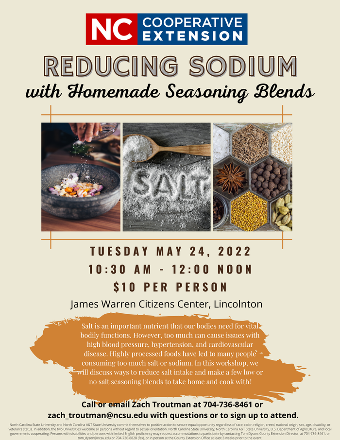 A flyer for reducing sodium with homemade seasoning blends. Tuesday May 24, 2022 10:30 AM - 12:00 Noon. $10 per person. 