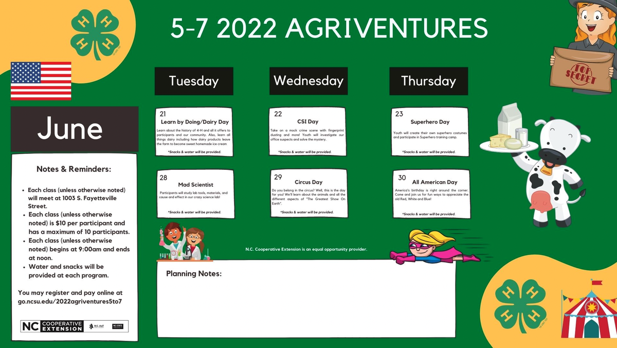 June 2022 Agriventures class calendar for 5 to 7 year olds