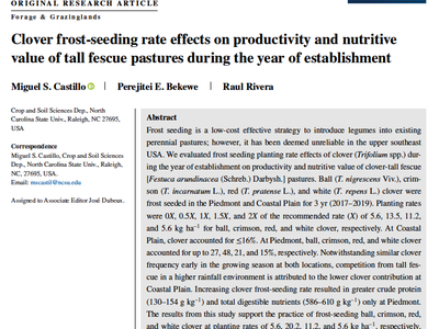A research article abstract containing information on clover frost-seeding rate effects on productivity and nutritive value.