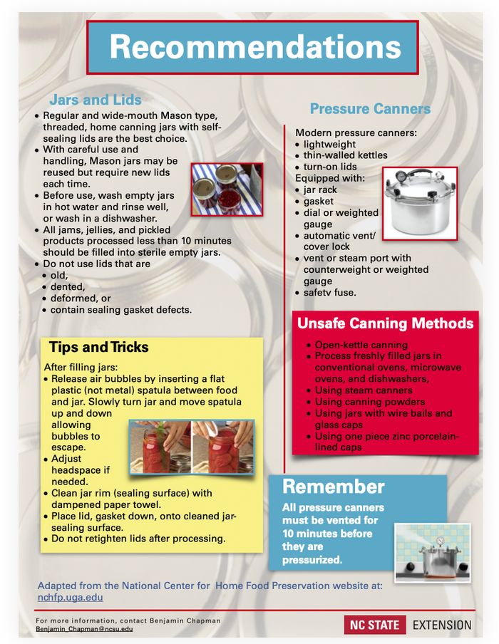 A flier for recommendations on jars, lids and canners.